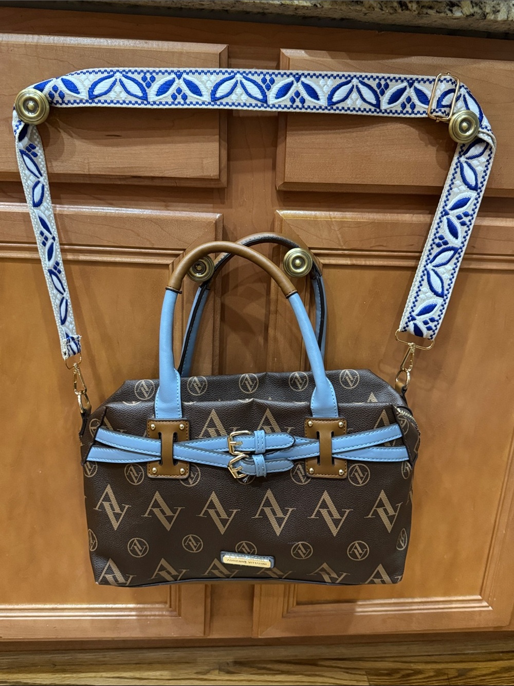 Adrienne Vittadini Brown Satchel with Sky Blue Trim